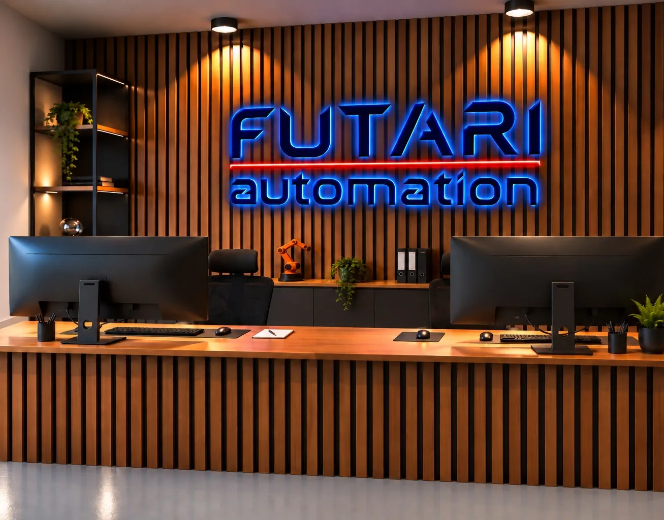 Biuro Futari Automation z podświetlonym logo firmy